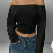 Bluzki damskie - TEMU Europejska i Amerykańska Damska Bluzka z Odkrytymi Ramionami, Długi Rękaw, Krótki Fason, Jednokolorowa - miniaturka - grafika 1