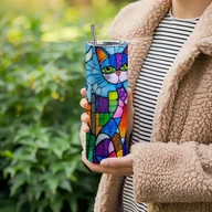 Kubki termiczne - Kubek termiczny termos 600 ml kolorowy KOT stalowy słomka ART DECO WITRAŻ - miniaturka - grafika 1