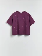 Koszulki i topy damskie - Reserved - Bawełniany t-shirt z aplikacją - ciemnofioletowy - miniaturka - grafika 1