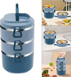 3-warstwowy, sztaplowany pojemnik na lunch ze stali nierdzewnej, pojemnik na lunch, izolowany pojemnik na żywność, niebieski - Lunch boxy - miniaturka - grafika 1