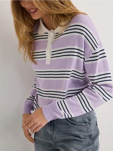 Reserved - Sweter polo w paski - lawendowy - Swetry damskie - miniaturka - grafika 1