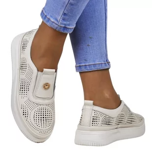 DAMSKIE PÓŁBUTY AŻUROWE ZE SKÓRY WSUWANE SERGIO LEONE SP019 BEŻOWE - Botki damskie - miniaturka - grafika 1