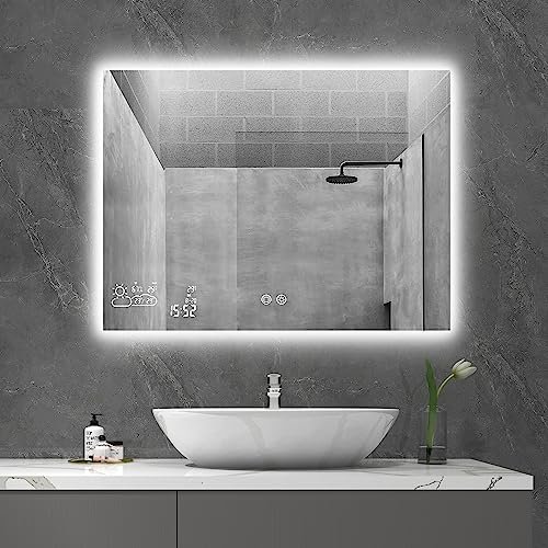 byecold Lustro łazienkowe z oświetleniem LED, 80 x 60 cm, ogrzewanie lustra ze stacją pogodową, WiFi, lustro łazienkowe, ogrzewanie z przełącznikiem dotykowym, poziome