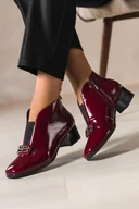 Botki damskie - Bordowe botki skórzane damskie lakierowane obcas klocek elastyczna guma na przodzie srebrna ozdoba PRODUKT POLSKI Casu 378-L - miniaturka - grafika 1