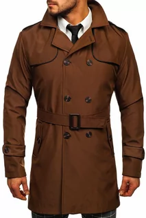 Płaszcze męskie - Brązowy dwurzędowy płaszcz męski prochowiec z wysokim kołnierzem i paskiem Denley 0001 - grafika 1