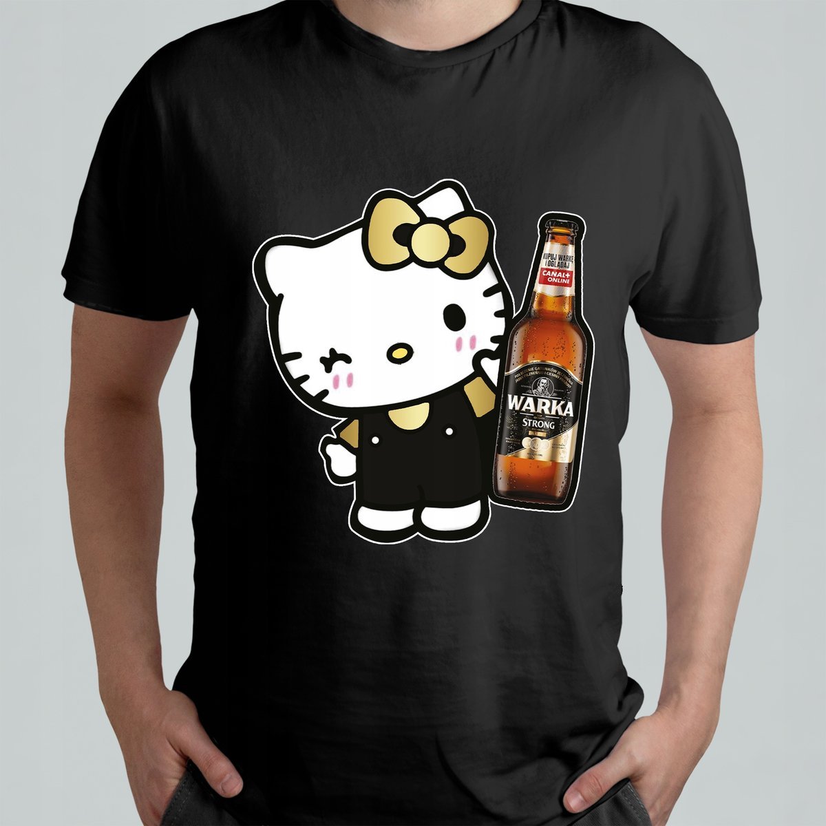 CZARNA KOSZULKA Z NADRUKIEM MĘSKA ŚMIESZNA T-SHIRT HELLO KITTY WARKA PIWO