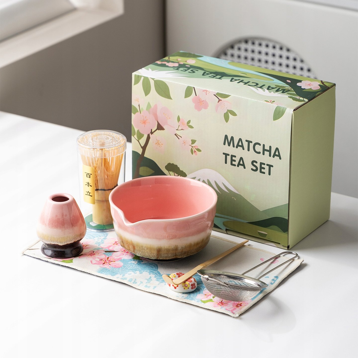 Zestaw prezentowy do herbaty matcha czarka miotełka bambusoey różowy