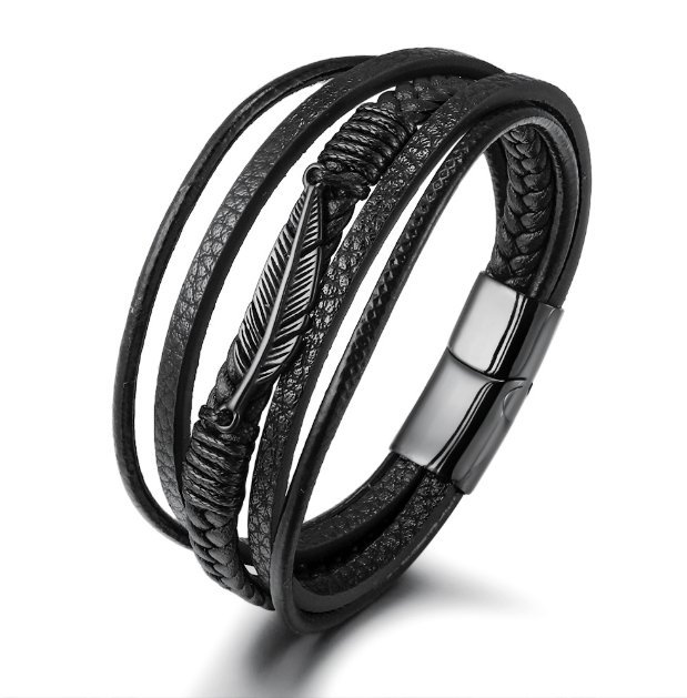 Skórzana bransoletka męska rzemyki piórko czarny