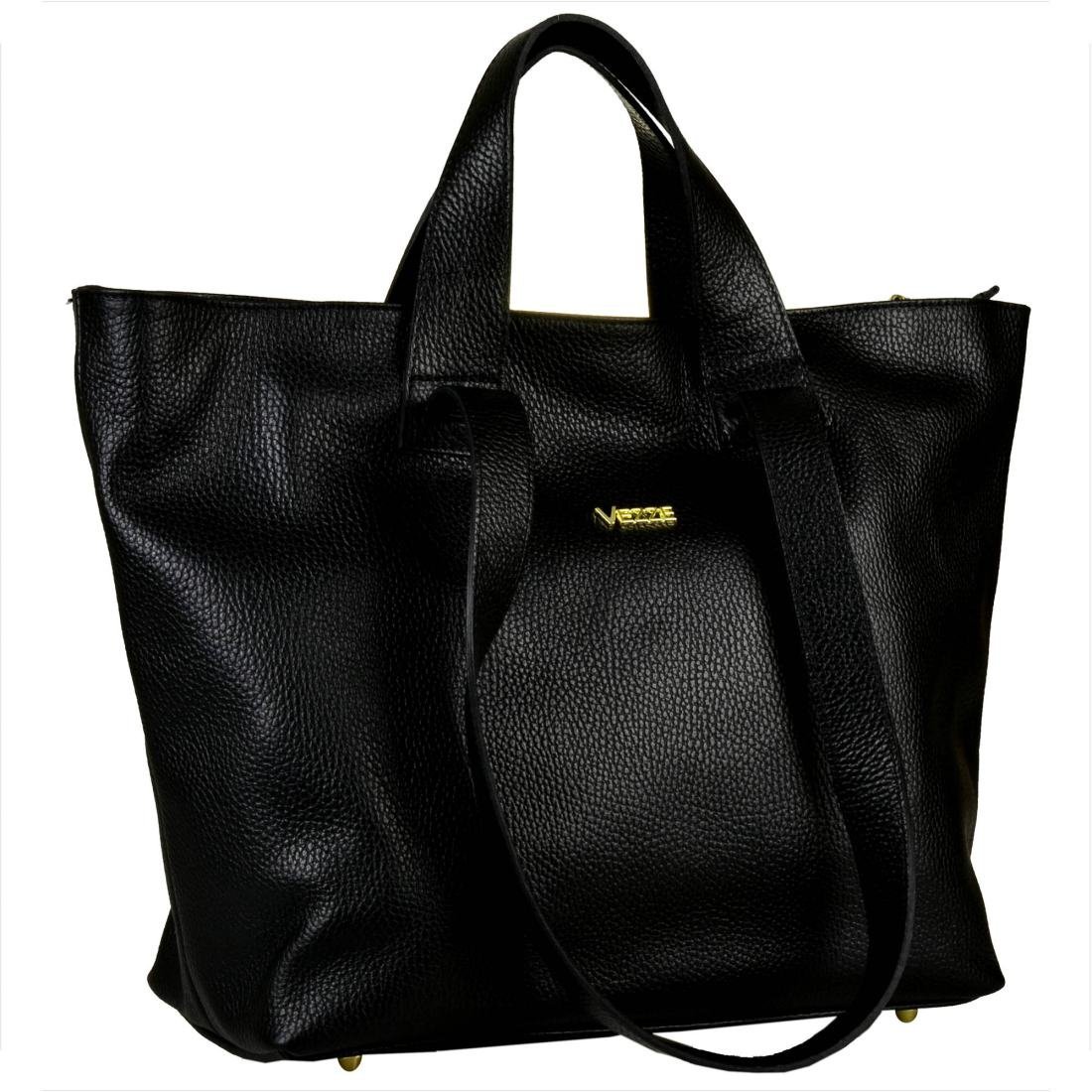 VEZZE Torba skórzana shopper bag czarna złote okucia na ramię i do ręki