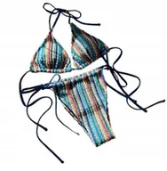 Stroje kąpielowe - Dwuczęściowy Dzianinowy Strój Kąpielowy Wiązany W Paski Niebieski L - miniaturka - grafika 1