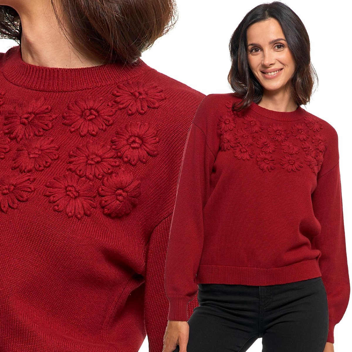 Sweter Damski Bawełniany Oversize Haft Kwiatowy Klasyczny Moraj L Red