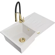 Zlewozmywaki z baterią - Mexen Cesar zlewozmywak granitowy 1-komorowy z ociekaczem i baterią kuchenną Aster, biały - miniaturka - grafika 1