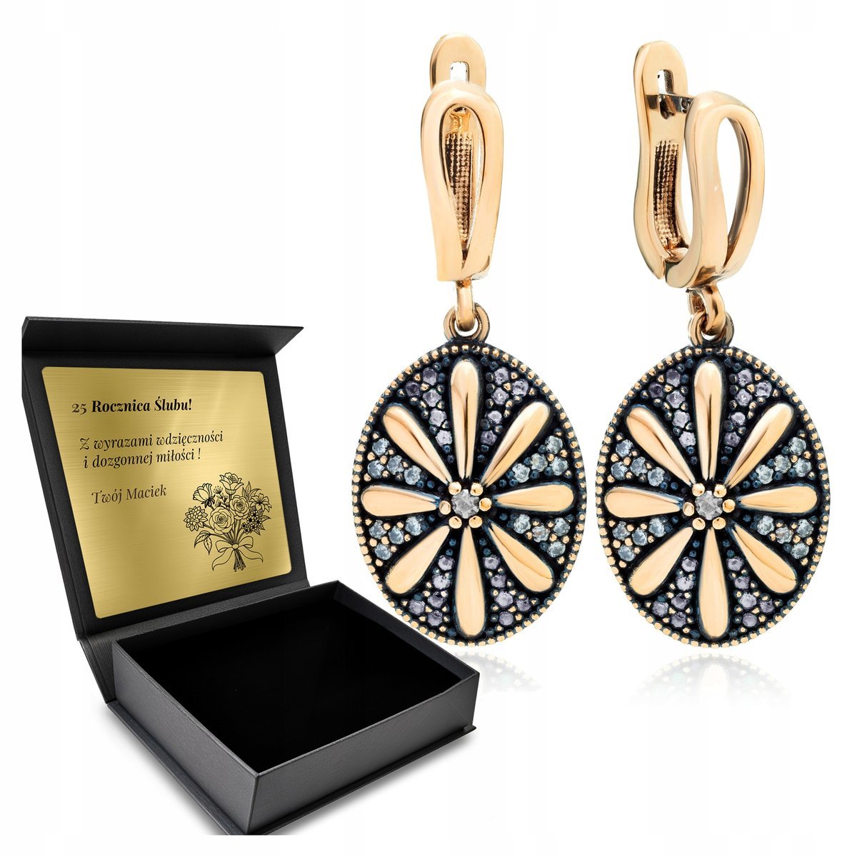 Kolczyki Srebrne 925 Cyrkonie Kwiat Biżuteria Dla Kobiety + Grawer