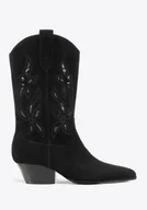 Półbuty męskie - Damskie kowbojki ze skóry zamszowej z haftem czarne - miniaturka - grafika 1