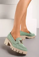 Półbuty damskie - Zielone Półbuty ze Skórzaną Wkładką na Niskiej Platformie i Słupku z Ozdobną Klamrą Salpani - miniaturka - grafika 1