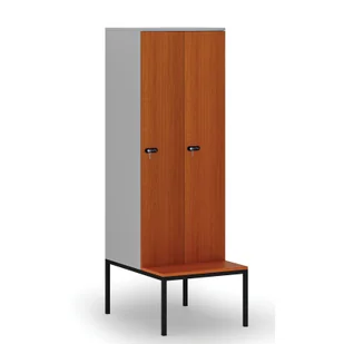 Drewniana szafa ubraniowa z ławką, 2-drzwiowa, 1871 x 600 x 500/800 mm, zamek mechaniczny z kodem, szary/czereśnia - Szafy biurowe - miniaturka - grafika 1