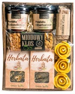 Zestawy upominkowe - Kosz Prezentowy Z Herbatami I Miodowymi Produktami Świece Z Wosku Pszczelego - miniaturka - grafika 1