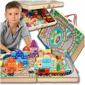 Klocki - OGROMNA DREWNIANA KOLEJKA ELEKTRYCZNA TORY POCIĄG PLANSZA KLOCKI MIASTO - miniaturka - grafika 1