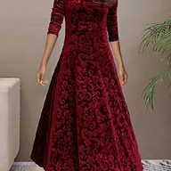 Inne - TEMU Sukienka Welurowa w Kwiaty Plus Size, Elegancka Sukienka z Dekoltem w Serek i Długim Rękawem, Odzież Damska Plus Size - miniaturka - grafika 1