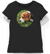 Koszulki i topy damskie - Koszulka damska czarna z motywem beagle w trójkolorowym wzorze na łące XS - miniaturka - grafika 1