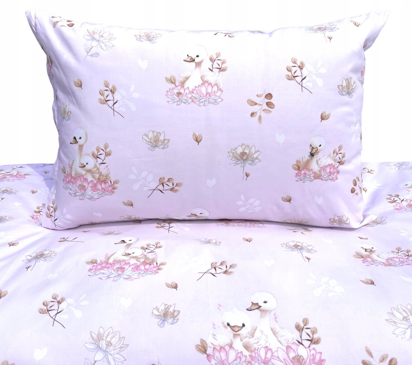 Pościel 140x200 łabędzie kwiaty łabądki dziecięca delikatna różowa