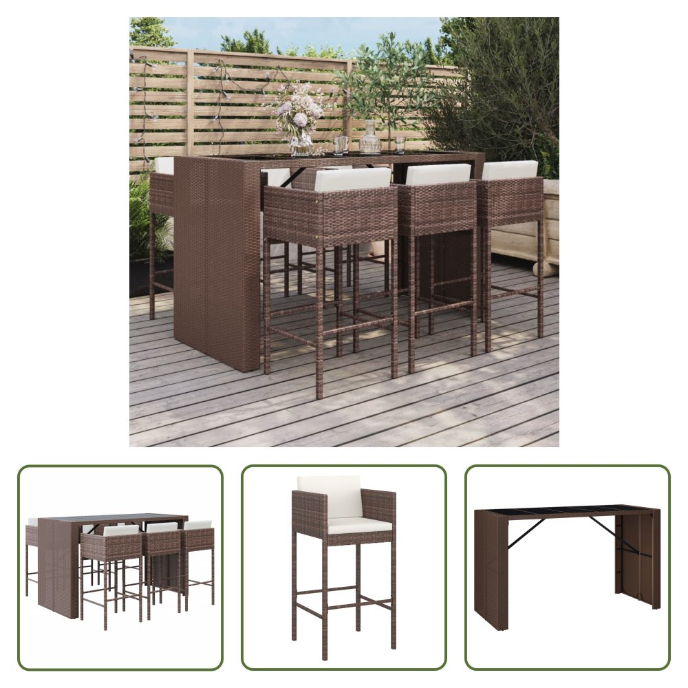 The Living Store 7-częściowy ogrodowy zestaw barowy z poduszkami z brązowego polirattanu