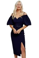 Sukienki - Little Mistress Damska sukienka midi Lotte Bardot z paskiem, rozmiar 6 UK, granatowa - miniaturka - grafika 1