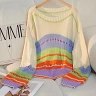 Swetry damskie - TEMU Kolorowa Damska Koszulka w Paski z Długim Rękawem i Bufiastymi Rękawami - Swobodny Krój z Okrągłym Dekoltem, Lekka i Oddychająca na - miniaturka - grafika 1