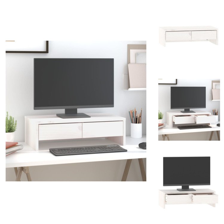 vidaXL Podstawa pod monitor biała 50x27x15 cm z litego drewna sosnowego - Podstawa pod monitor komputerowy
