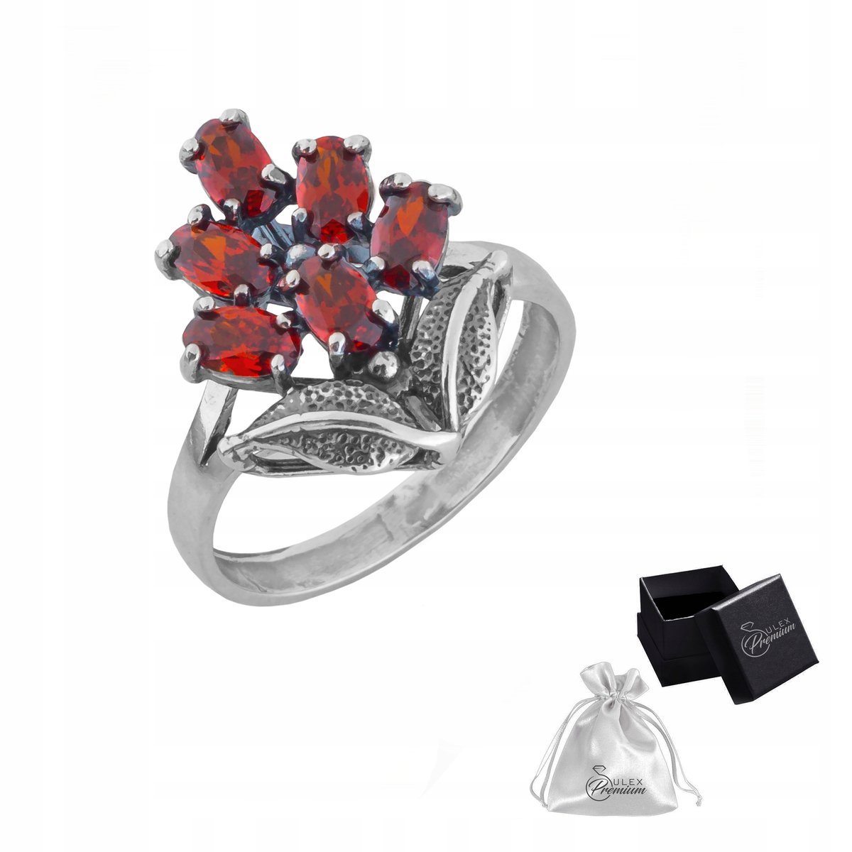 Elegancki Pierścionek Srebrny pr. 925 Kwiat z cyrkonią Granat r. 17