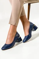 Czółenka - Granatowe czółenka skórzane damskie na ozdobnym klocku złota ozdoba Casu SL24X2-N-41 - miniaturka - grafika 1