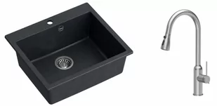 Quadron Zlewozmywak granitowy 57x50x22 cm MORGAN 110 BLACK DIAMOND + bateria JESSICA Q LINE stal szczotkowana - Zlewozmywaki z baterią - miniaturka - grafika 1