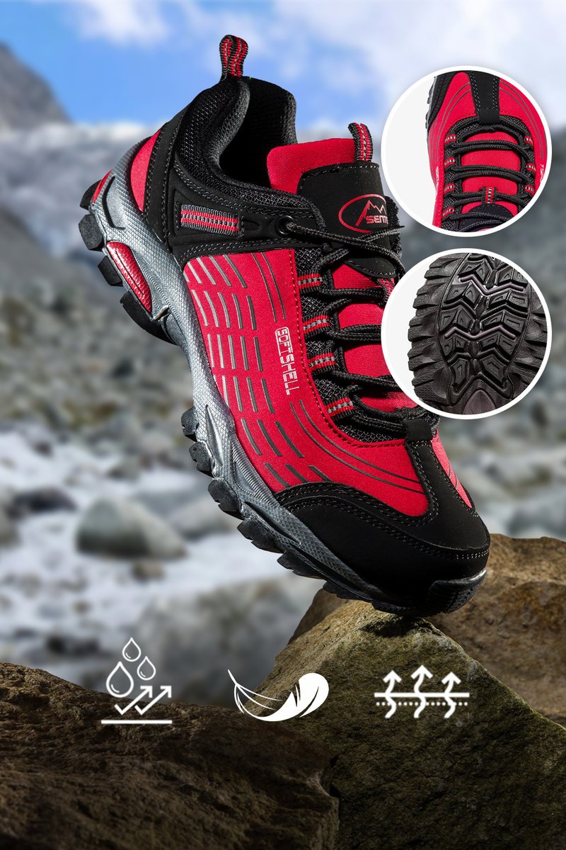 Czerwone buty trekkingowe damskie sznurowane z czarnymi dodatkami softshell casu b1528-4-41