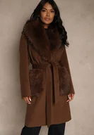 Płaszcze damskie - Brązowy Płaszcz z Futrzanym Kołnierzem Kieszeniami i Wiązanym Paskiem Perria - miniaturka - grafika 1
