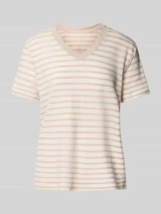 T-shirt z prążkowanym dekoltem w serek - Koszulki i topy damskie - miniaturka - grafika 1