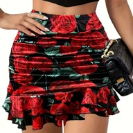 Spódnice - TEMU Spódnica Midi z Czerwonym Wzorem Róż, Plisowane Detale, Seksowny i Elegancki Styl, Idealna do Codziennego Noszenia, i Świątecznych Strojów - miniaturka - grafika 1