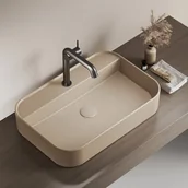 Umywalki - EMKE Umywalka ceramiczna 60x40x11 cm, Prostokątna Umywalka nablatowa z nawierconym otworem na baterię, Matowy Beż - miniaturka - grafika 1