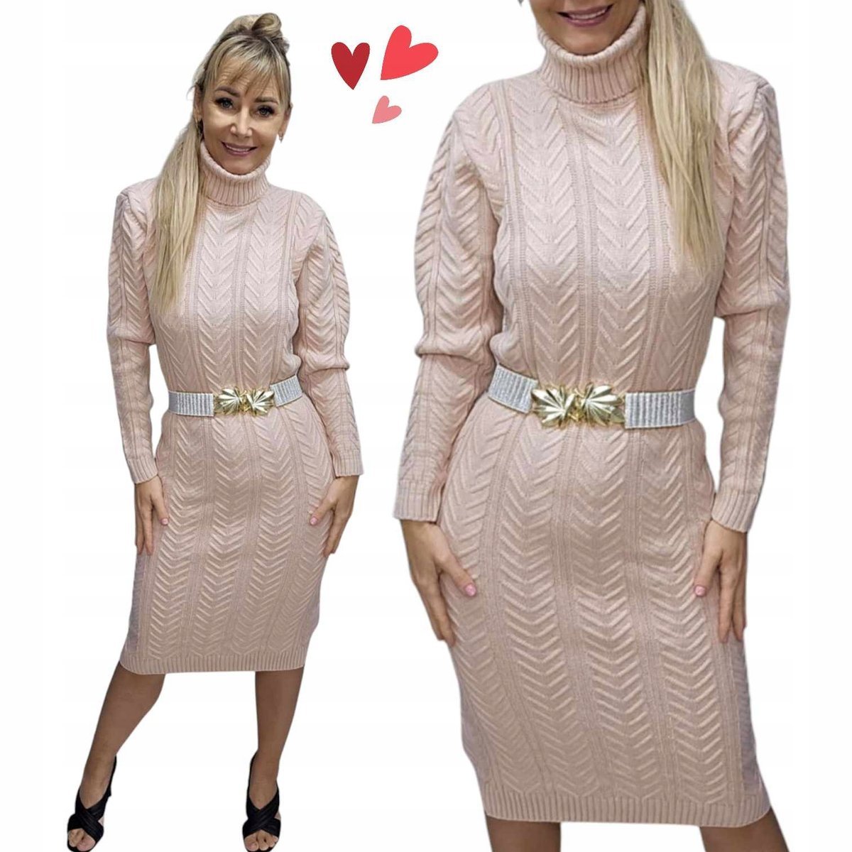 ELEGANCKA SUKIENKA SWETERKOWA GOLF wełna warkocz ciepła wygodna 40 42 L XL