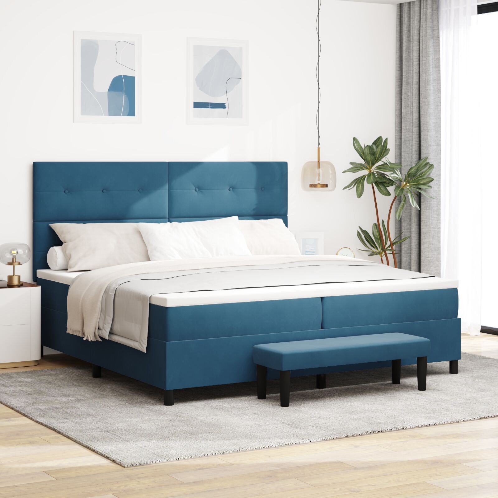 vidaXL Łóżko na Boksach z Materacem i Ławką Ciemnoniebieskie 200x200 cm Aksamit