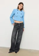 Marynarki i żakiety damskie - Stradivarius Krótka marynarka z okrągłym dekoltem Błękitny S - miniaturka - grafika 1