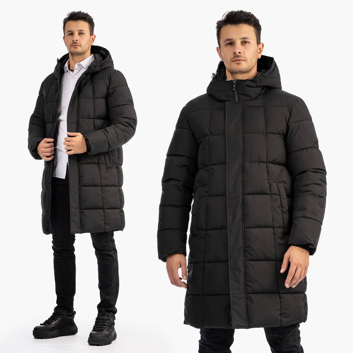 Kurtka Męska Zimowa Pikowana Długa Wodoodporna Z Kapturem Czarna 5301-1 XL Czarny