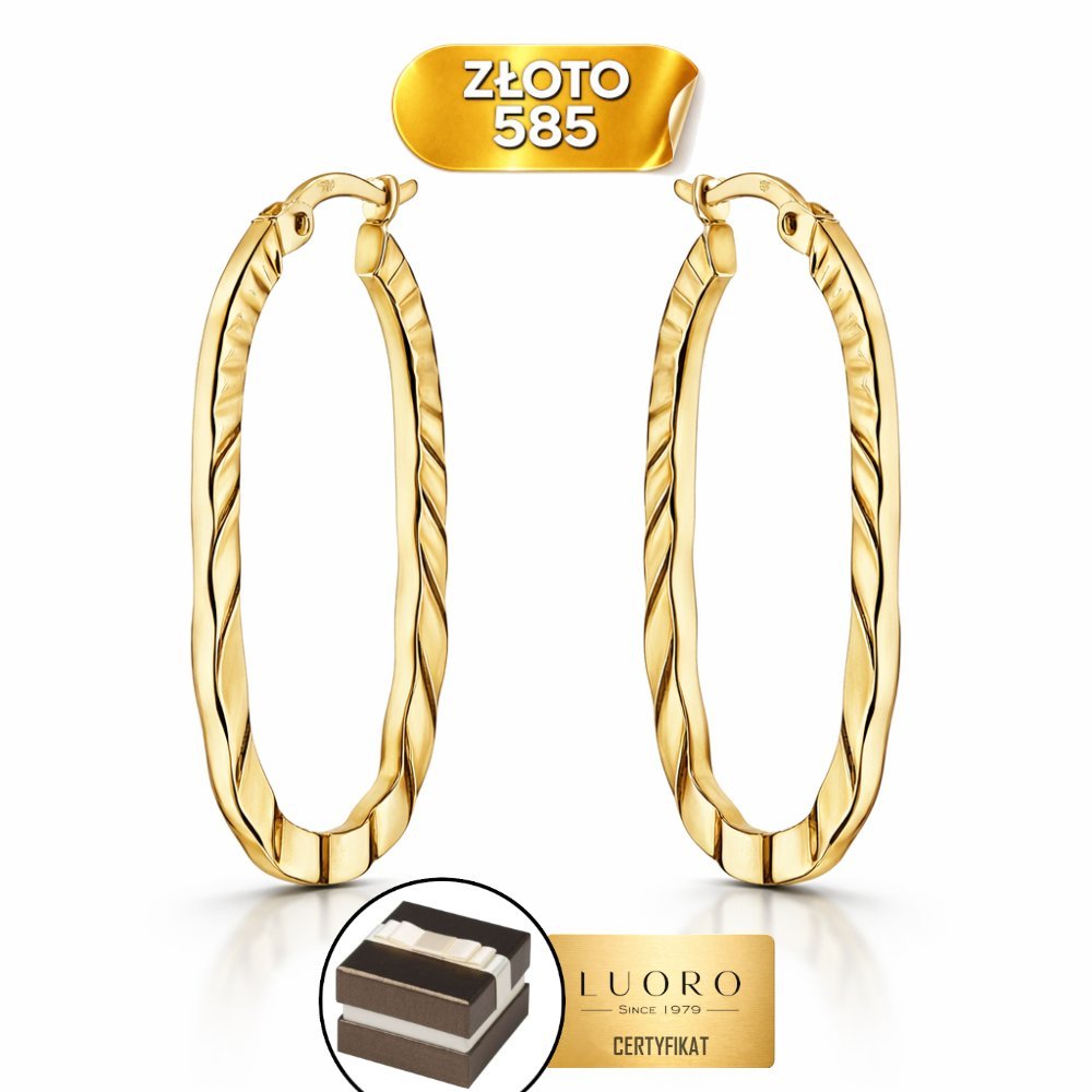 KOLCZYKI ZŁOTE 585 14K OWALE ZDOBIONE PO BOKACH 31 MM ELEGANCKIE