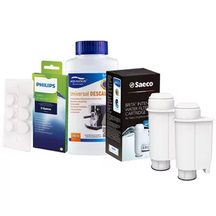 Zestaw Philips - Filtr Philips Intenza+ CA6702 2szt, Uniwersalny Odkamieniacz 250ml, Philips CA6704/10 Tabletki Czyszczące - Akcesoria i części do ekspresów do kawy - miniaturka - grafika 1