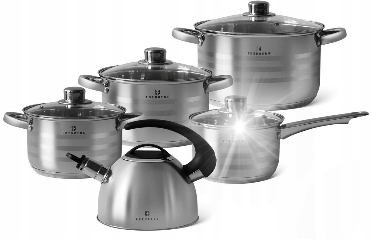 ZESTAW NACZYŃ KUCHENNYCH 9 SZT. Z CZAJNIKIEM EDENBERG STALI NIERDZEWNEJ