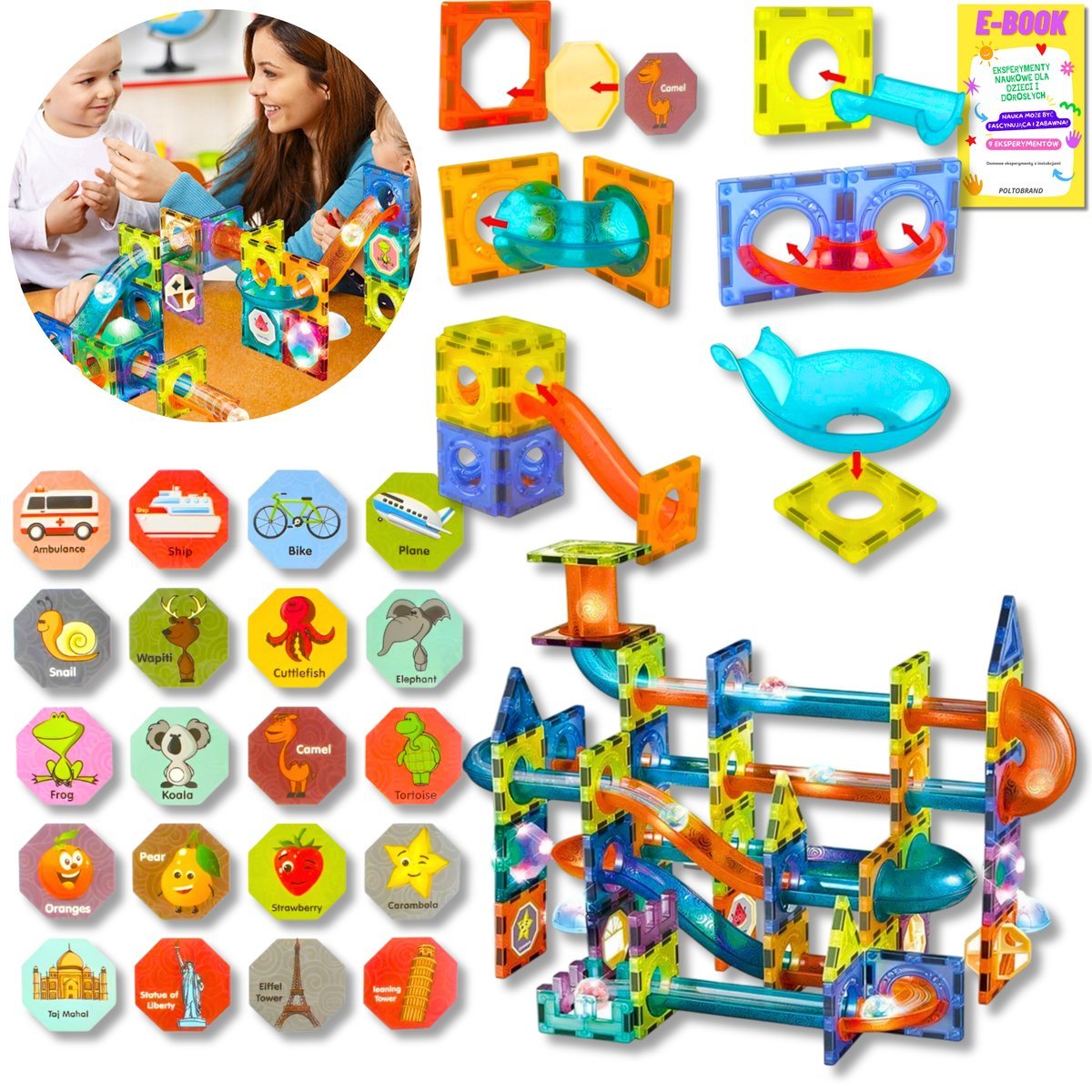 DUŻY ZESTAW KLOCKI MAGNETYCZNE ŚWIECĄCE KONSTRUKCYJNE EDUKACYJNE ZESTAW 75EL DUŻE PANELE PREZENT DLA DZIECKA + EBOOK