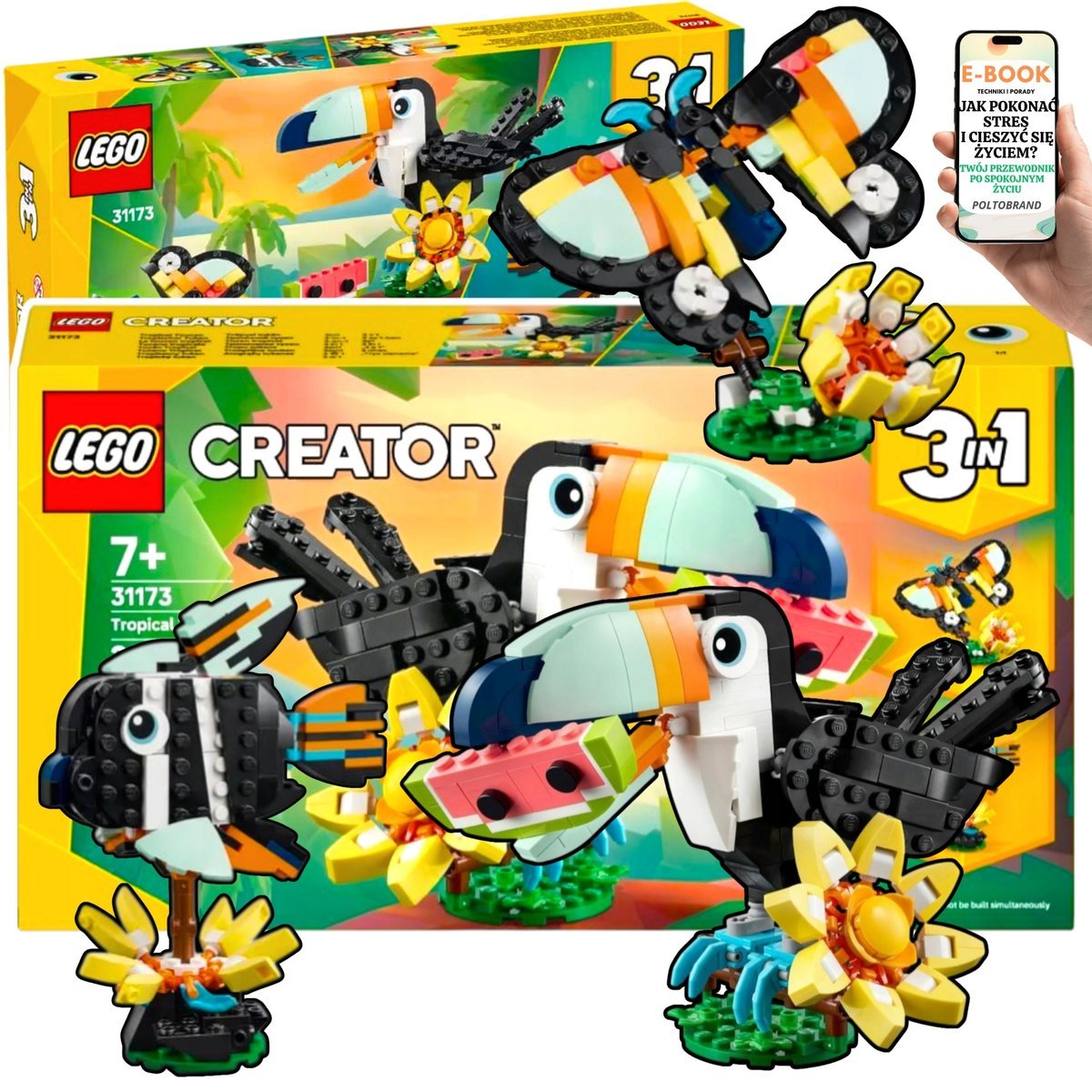LEGO CREATOR 3w1 TROPICALNY TUKAN MOTYL RYBA (31173) RUCHOME ZWIERZĘTA Do Budowy • Lego Prezent Dla Wnuczka Chłopca Syna + EBOOK-1