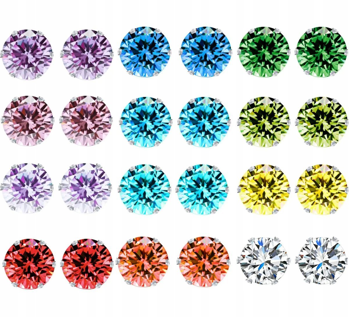 Zestaw 12 par Kolczyków Cyrkonie Kolorowe Kolczyki Months Stal Chirurgiczna
