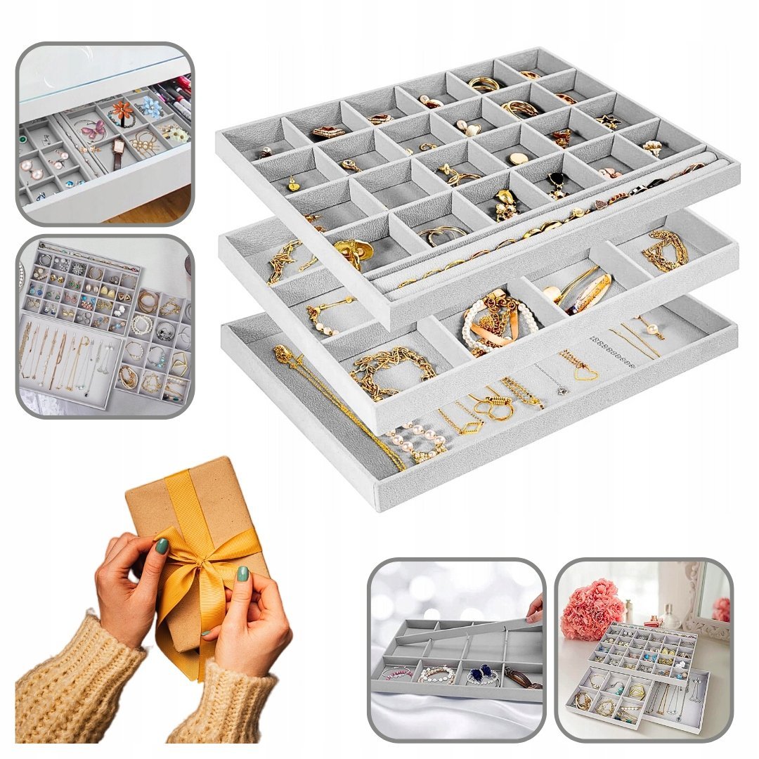 TACA NA BIŻUTERIĘ MOŻLIWOŚĆ UKŁADANIA W STOS, AKSAMITNY ORGANIZER SZKATUŁKA