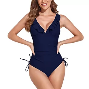 Stroje kąpielowe dla kobiet V-Neck Sexy Marszczący Strój Kąpielowy Jednoczęściowy Kontrola brzucha, B-5 Ciemny niebieski, L - Stroje kąpielowe dla dziewczynek - miniaturka - grafika 1
