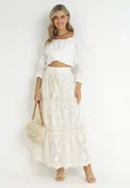 Spódnice - Beżowa Rozkloszowana Spódnica Maxi z Gumką w Pasie z Haftowanej Tkaniny Jonnis - miniaturka - grafika 1